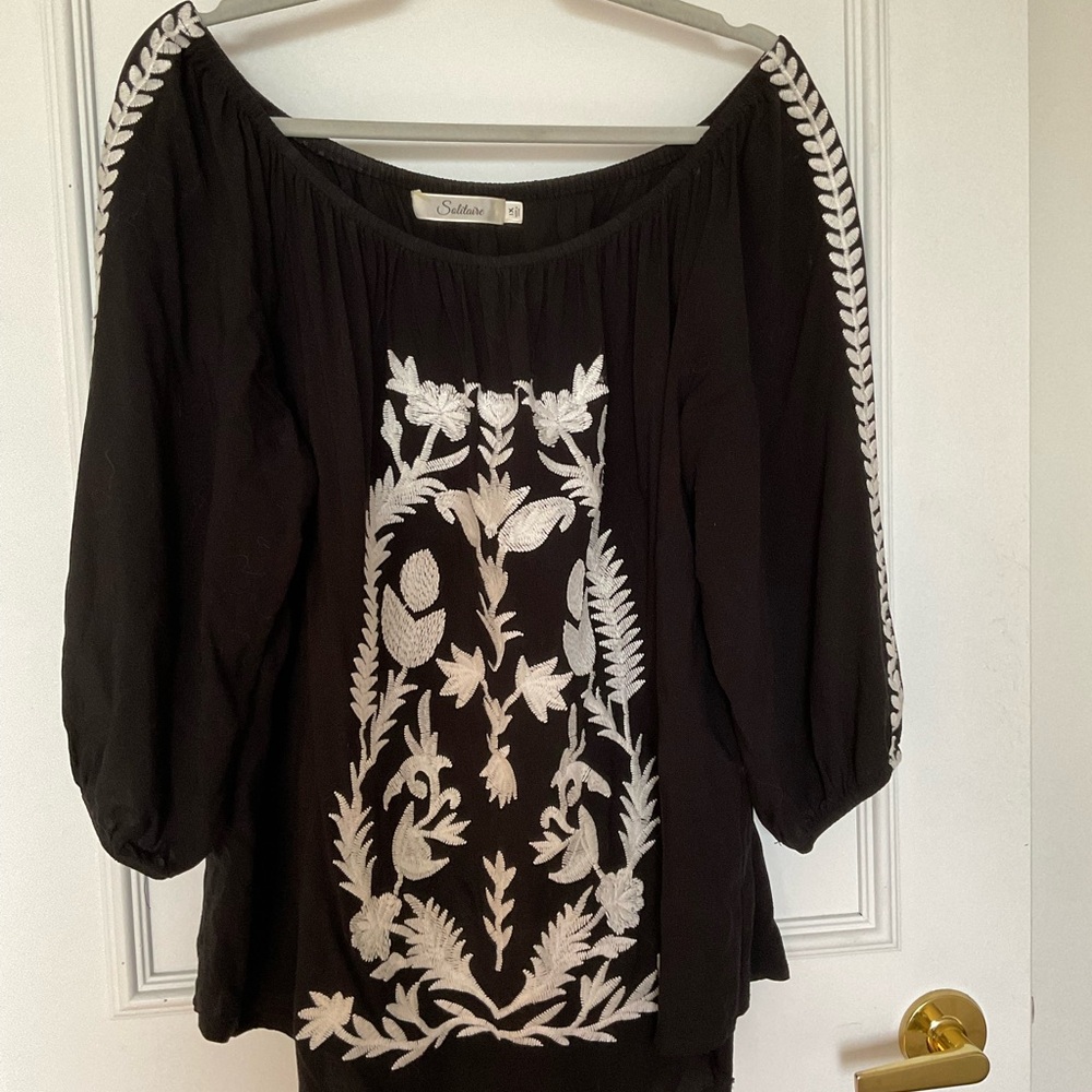 Anthropologie Black Blouse with White Embroidery